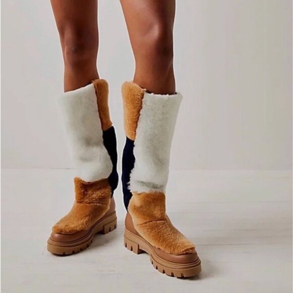 Free People Happy Thoughts Neutral Colorblock Shearling Boots Sz 38.5